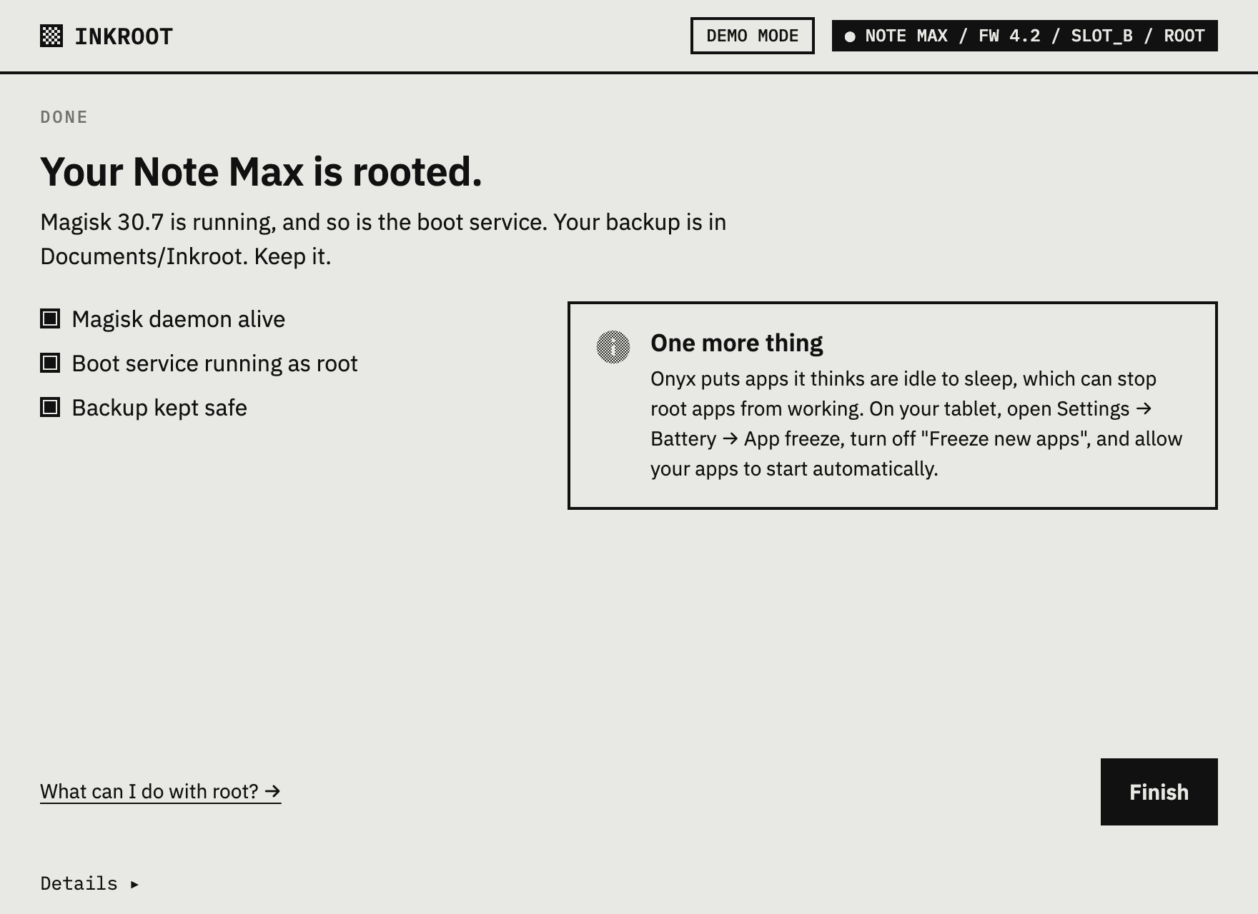 Inkroot done screen: root confirmed and the boot service running
