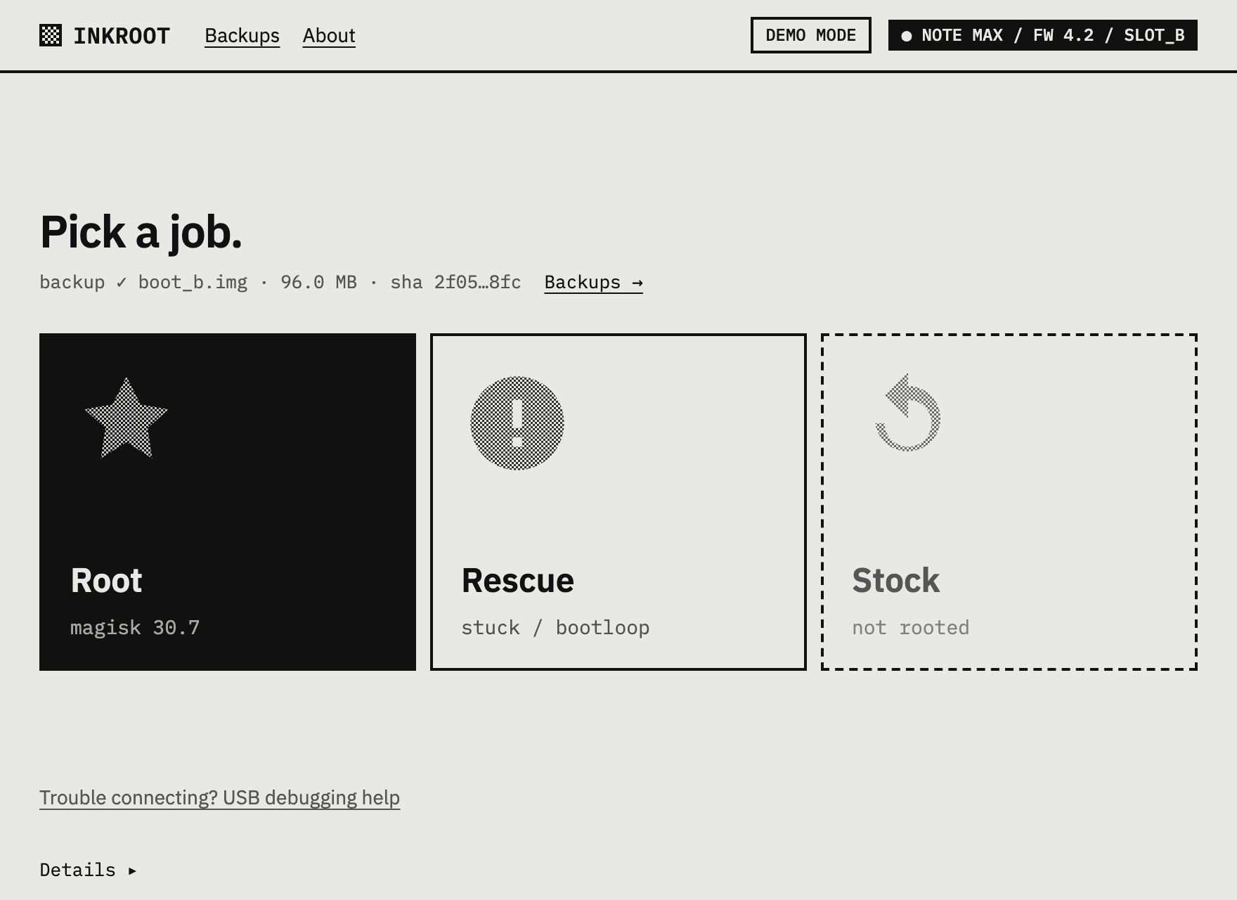 The Inkroot app: “Pick a job.” with three choices — Root, Rescue and Stock — and the tablet shown as Note Max, firmware 4.2