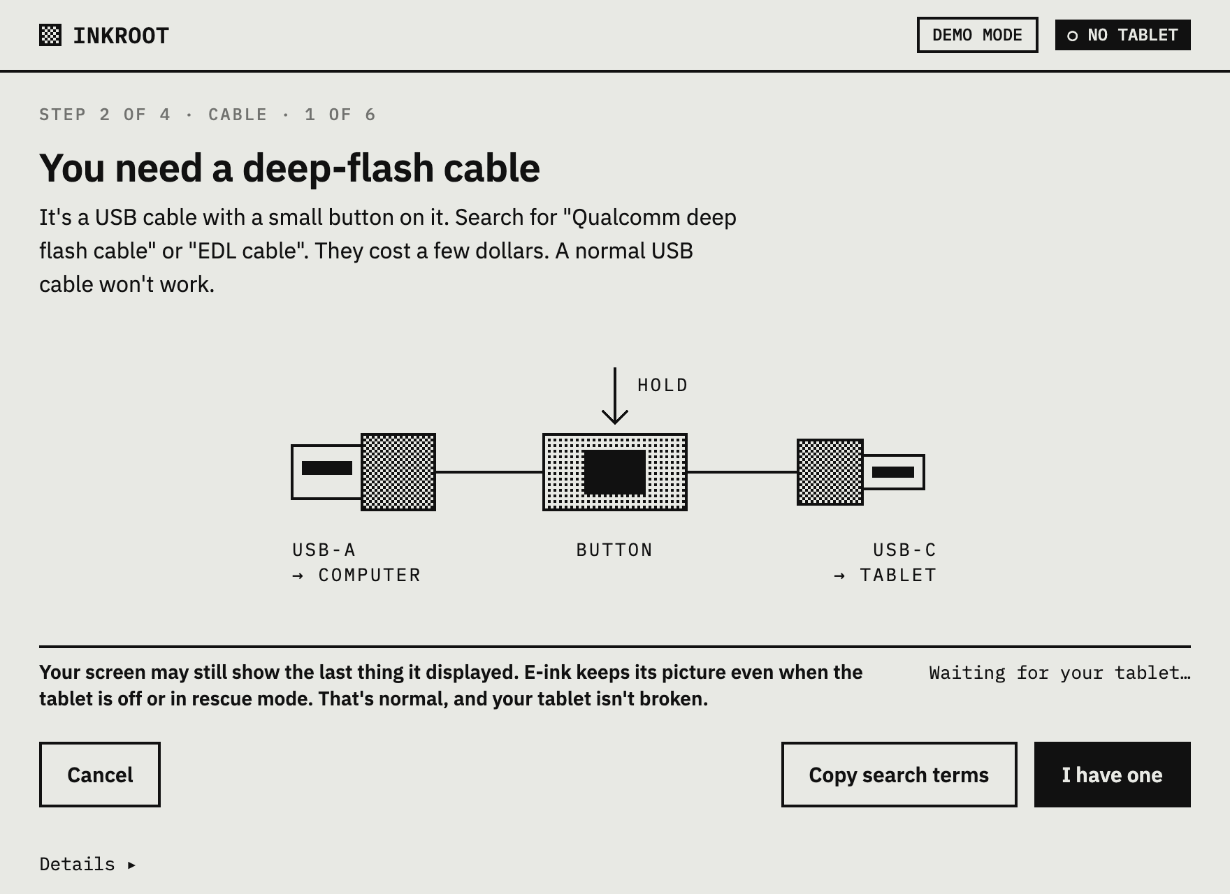 An Inkroot step screen: “Plug in your Note Max”, with a line drawing of the tablet and its cable